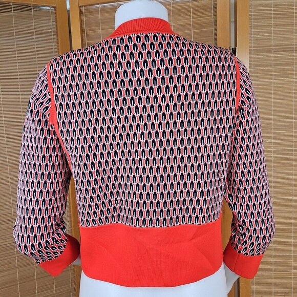 Ann Taylor Retro Geo Print Sweater Womens Small Coral 3/4 Sleeve Jacket Cardigan - Picture 2 of 11